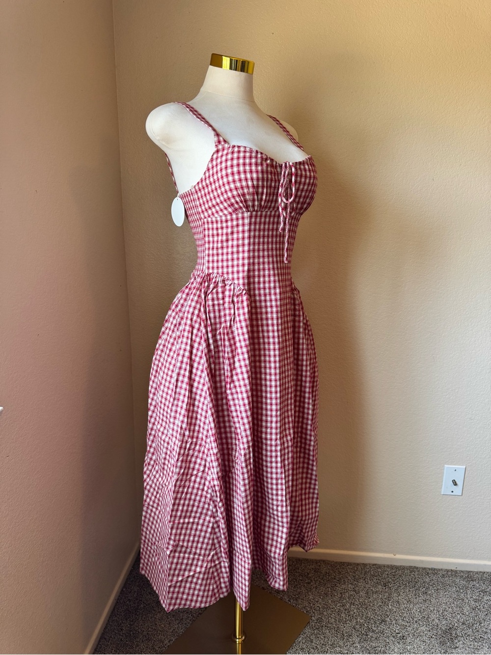 Red Gingham Midi Dress with Tie-Front Bodice